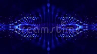 循环科幻3D抽象背景。 发光的蓝色粒子形成线条，对称的结构，如在微世界或